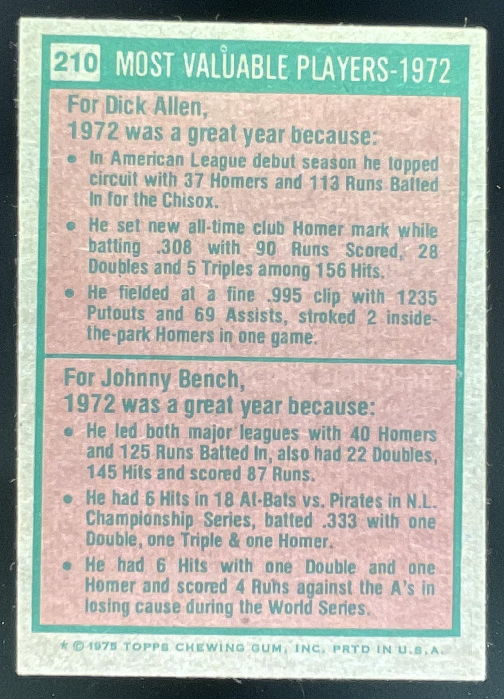 1975 Topps #210 1972s Rich Allen Johnny Bench MVP product image 2, provided for visual reference and product detail review