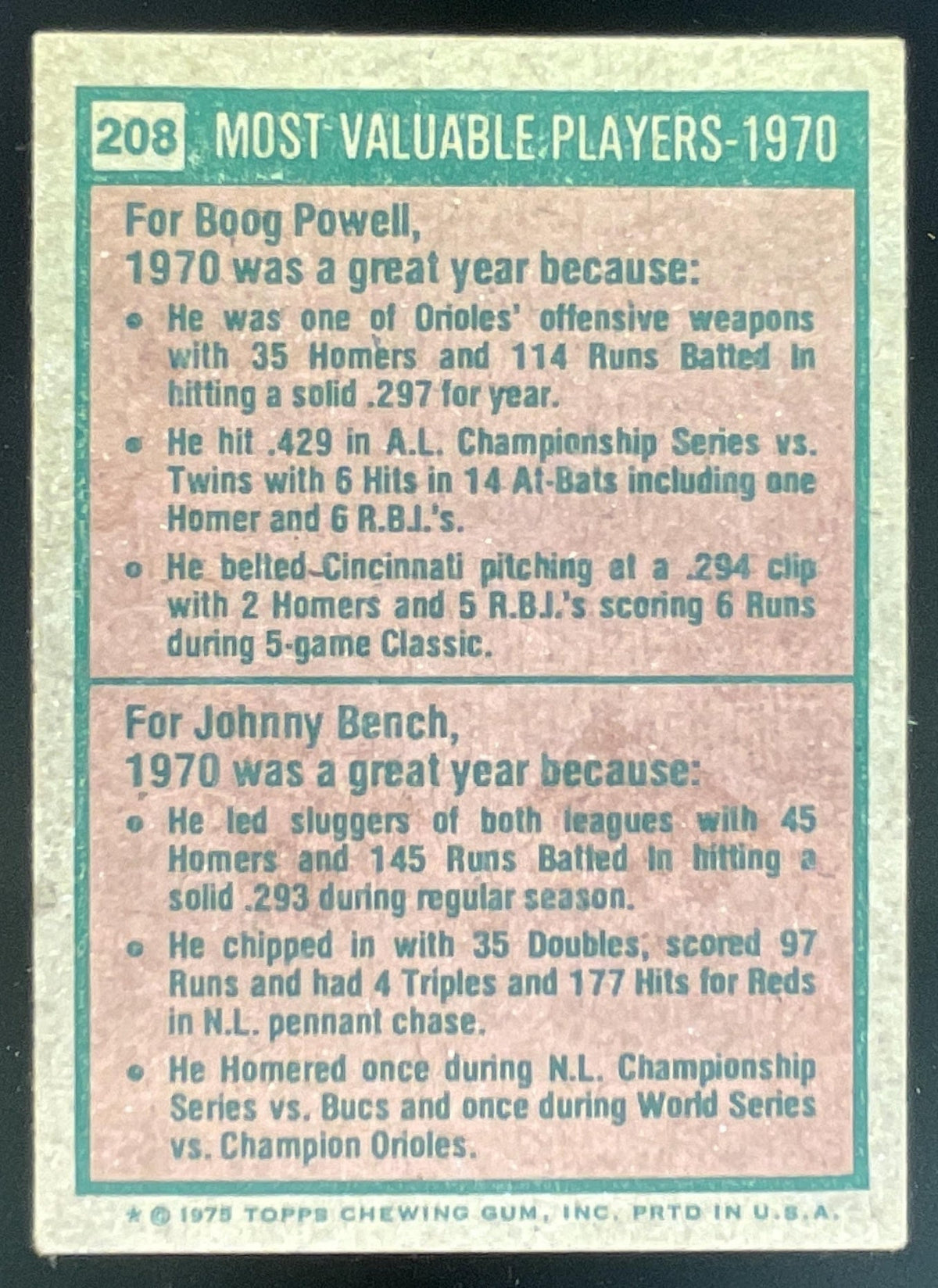 1975 Topps #208 1970s Boog Powell Johnny Bench MVP product image 2, provided for visual reference and product detail review