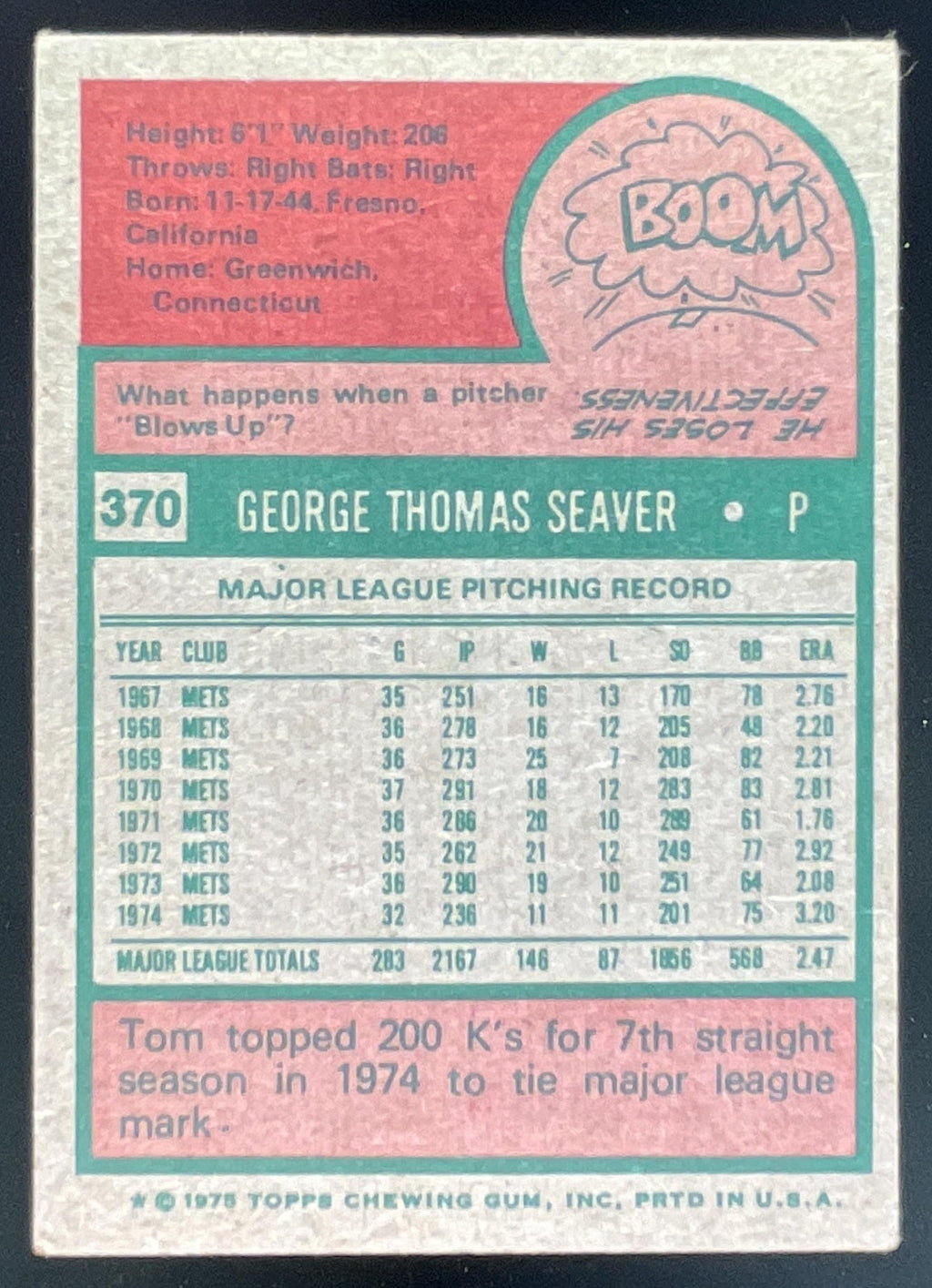 1975 Topps #370 Tom Seaver product image 2, provided for visual reference and product detail review