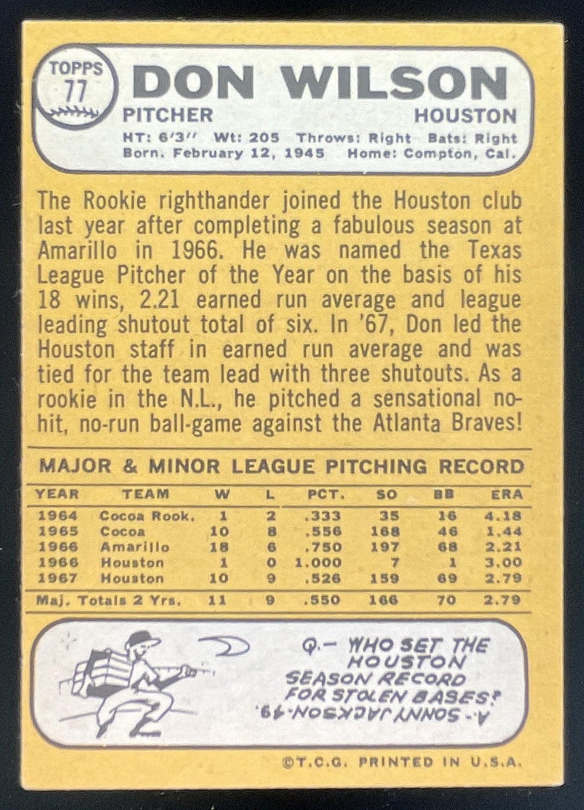 1968 Topps #77 Don Wilson RC product image 2, provided for visual reference and product detail review