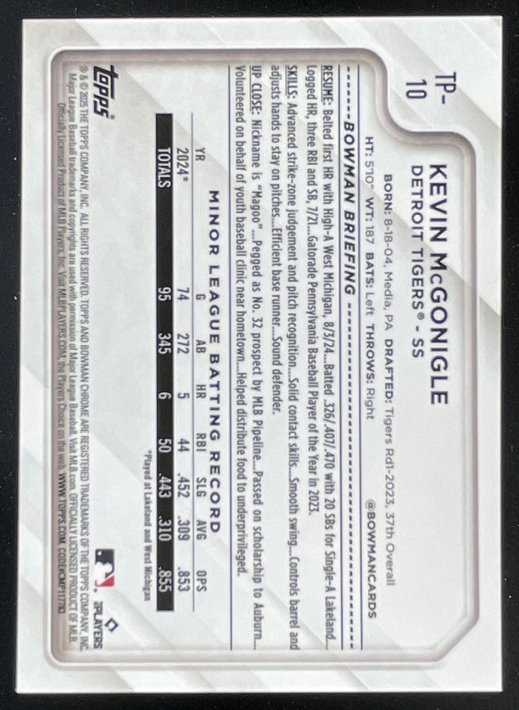 2025 Topps NSCC Redemption Bowman Prospects #TP-10 Kevin McGonigle product image 2, provided for visual reference and