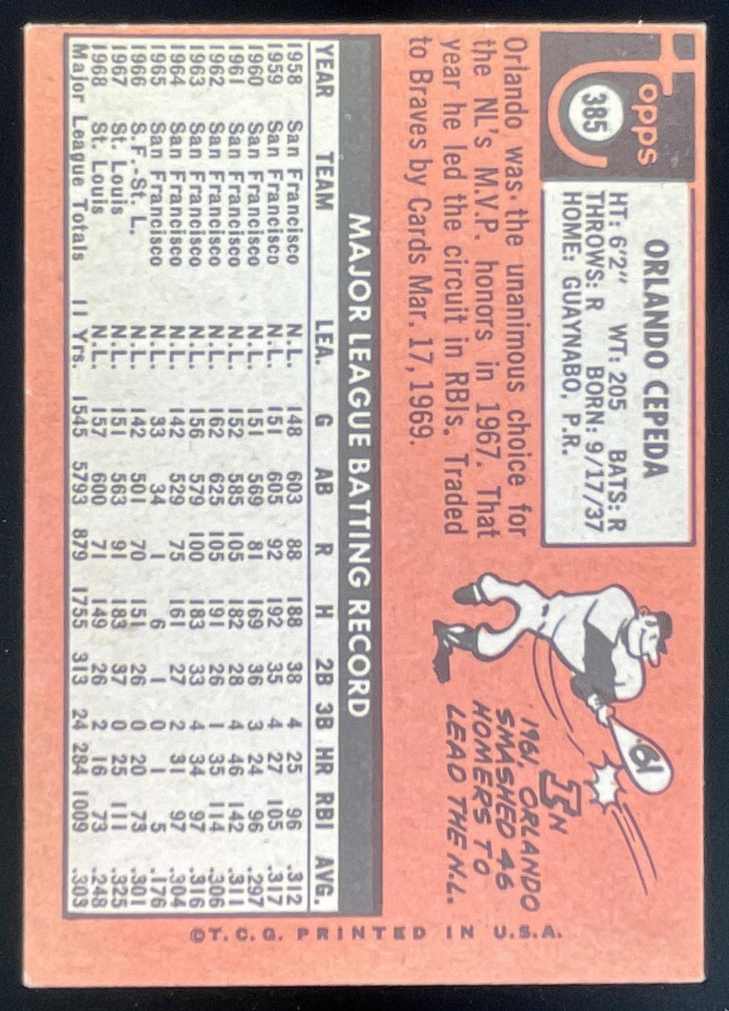 1969 Topps #385 Orlando Cepeda product image 2, provided for visual reference and product detail review