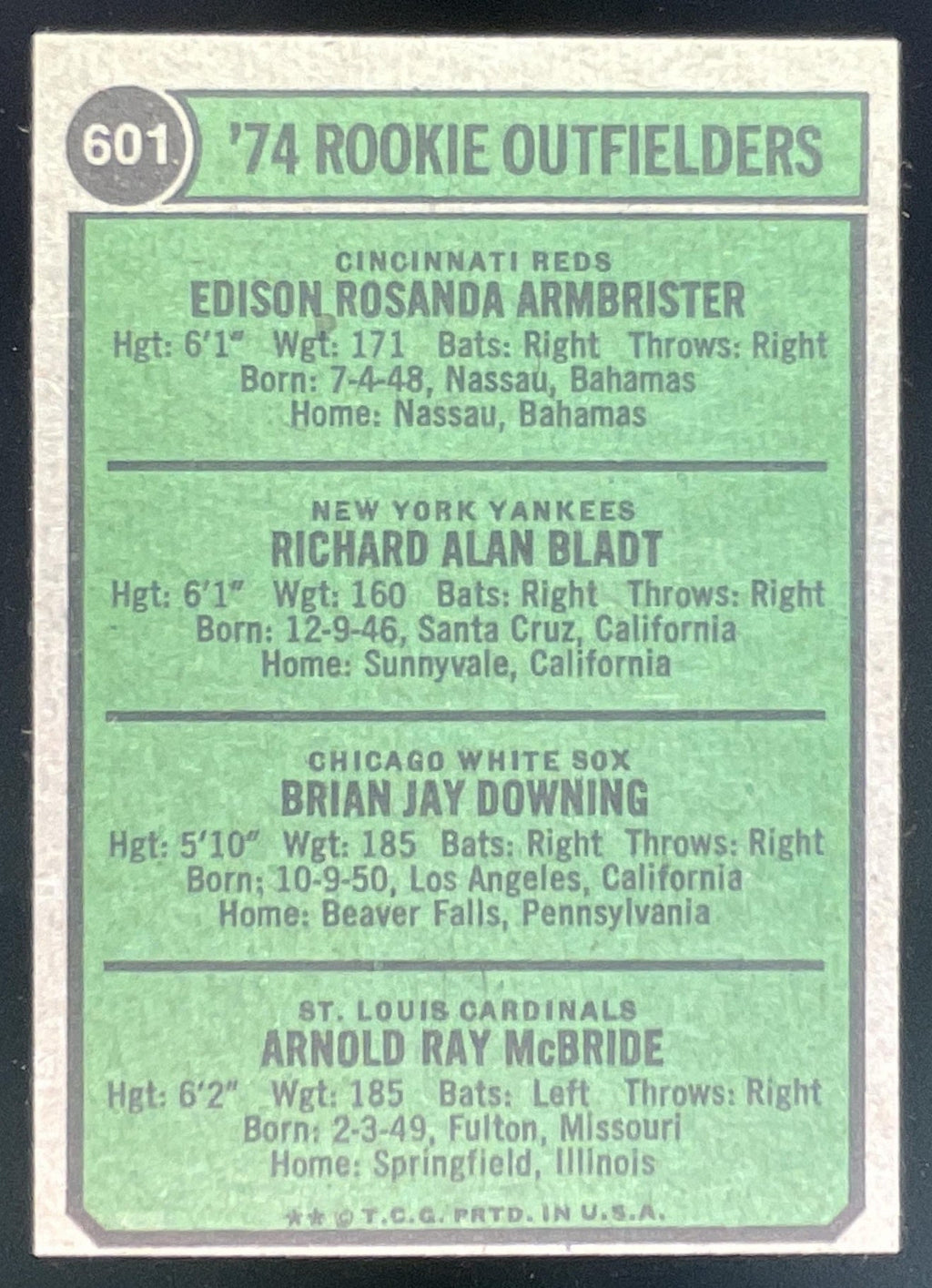 1974 Topps #601 1974 Ed Armbrister Rich Bladt Brian Downing Bake McBride RC product image 2, provided for visual reference