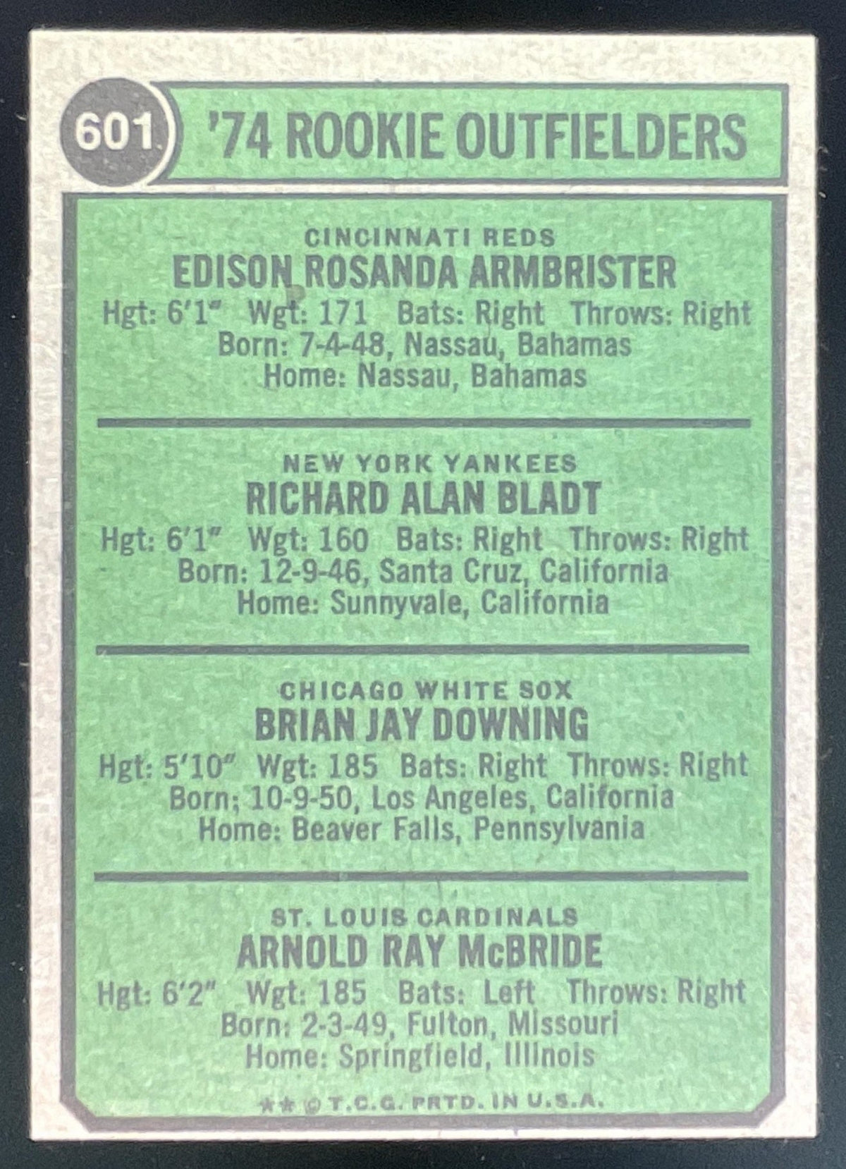 1974 Topps #601 1974 Ed Armbrister Rich Bladt Brian Downing Bake McBride RC product image 2, provided for visual reference