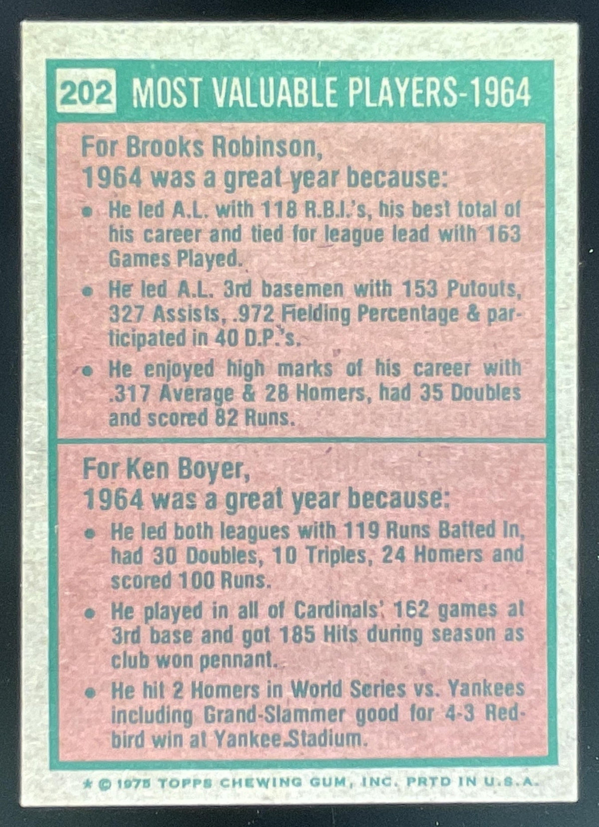 1975 Topps #202 1964s Brooks Robinson Ken Boyer MVP product image 2, provided for visual reference and product detail review