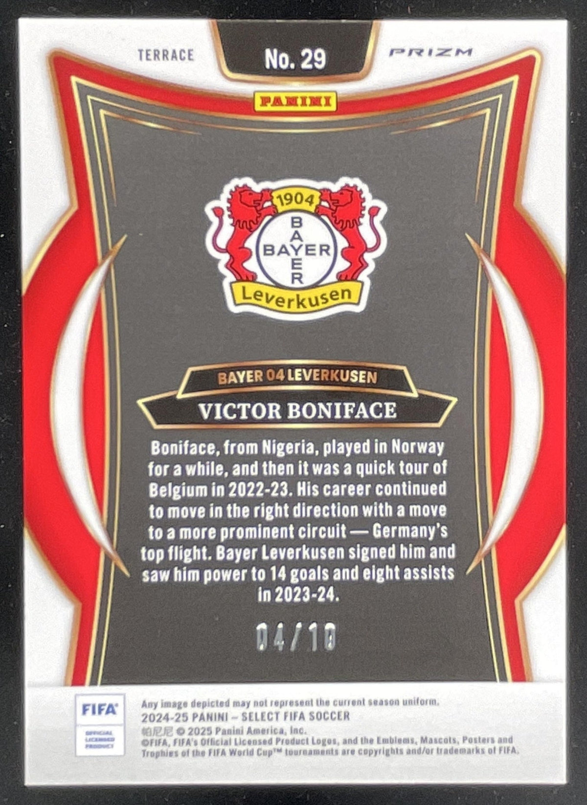 2024-25 Panini Select FIFA Terrace Gold Mojo #29 Victor Boniface /10 product image 2, provided for visual reference and