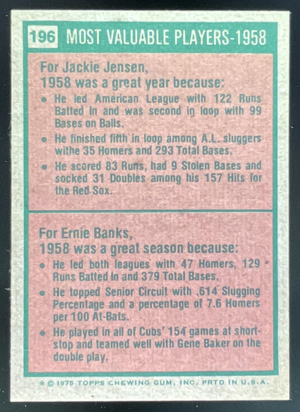 1975 Topps #196 1958s Jackie Jensen Ernie Banks MVP product image 2, provided for visual reference and product detail review