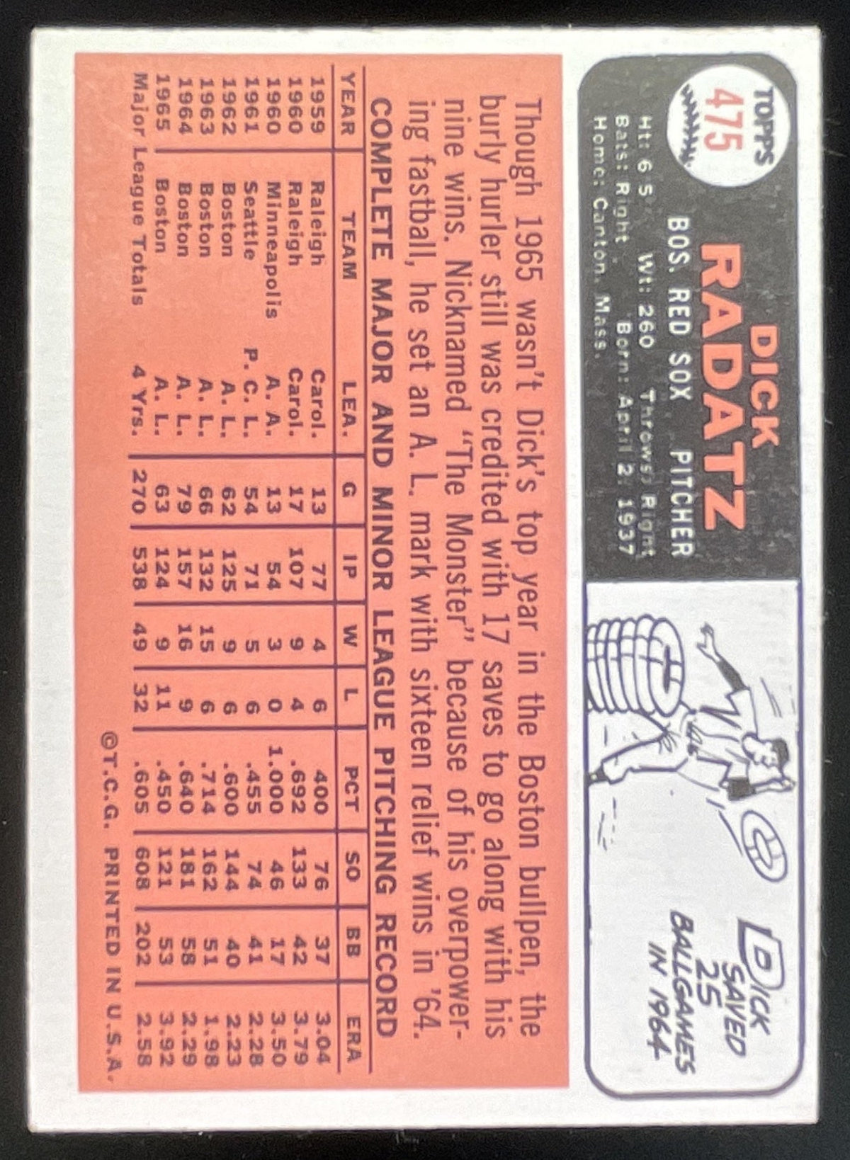 1966 Topps #475 Dick Radatz product image 2, provided for visual reference and product detail review