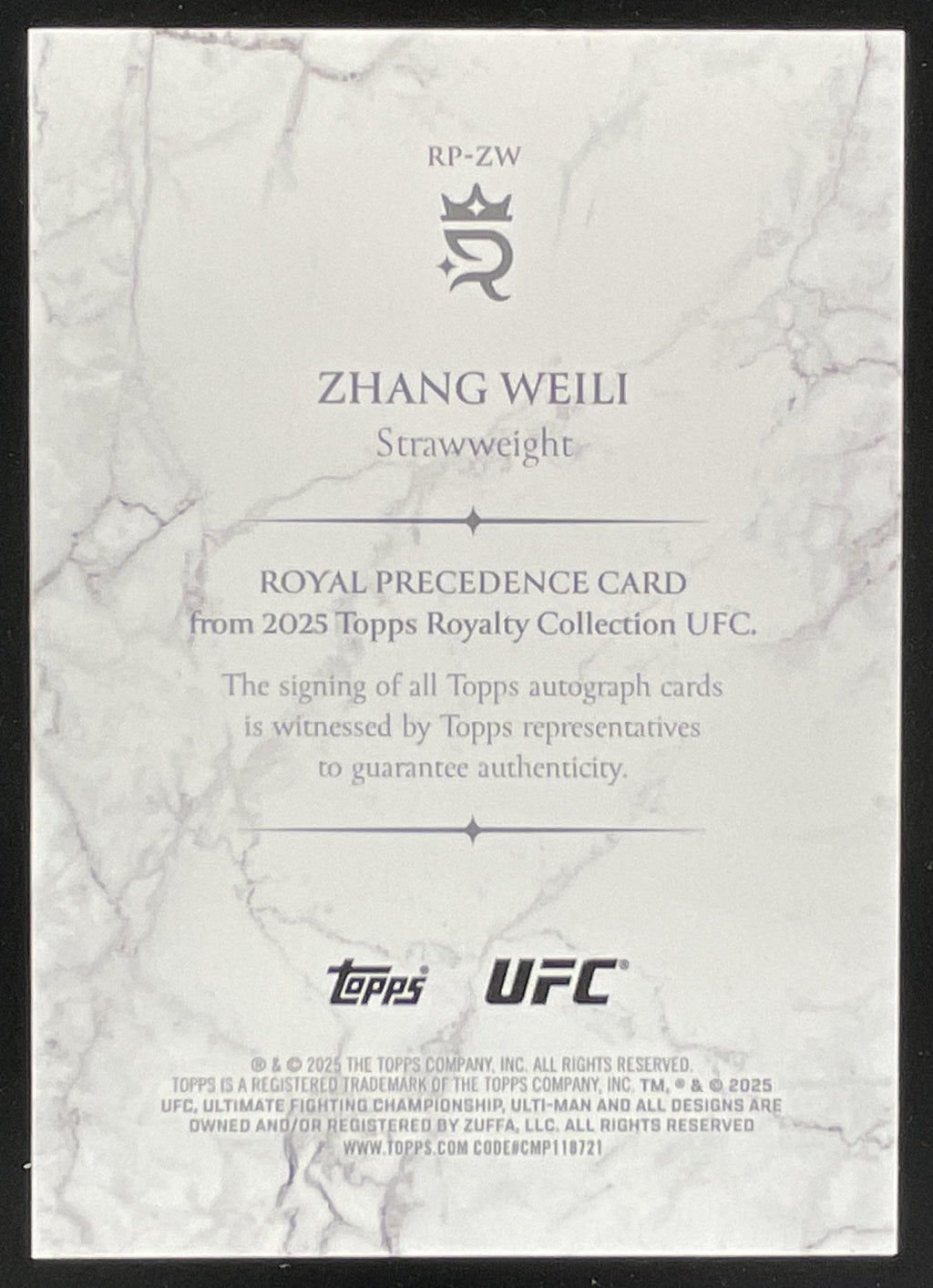 2025 Topps UFC Royalty Royal Precedence Blue #RP-ZW Zhang Weili Auto /25 product image 2, provided for visual reference and