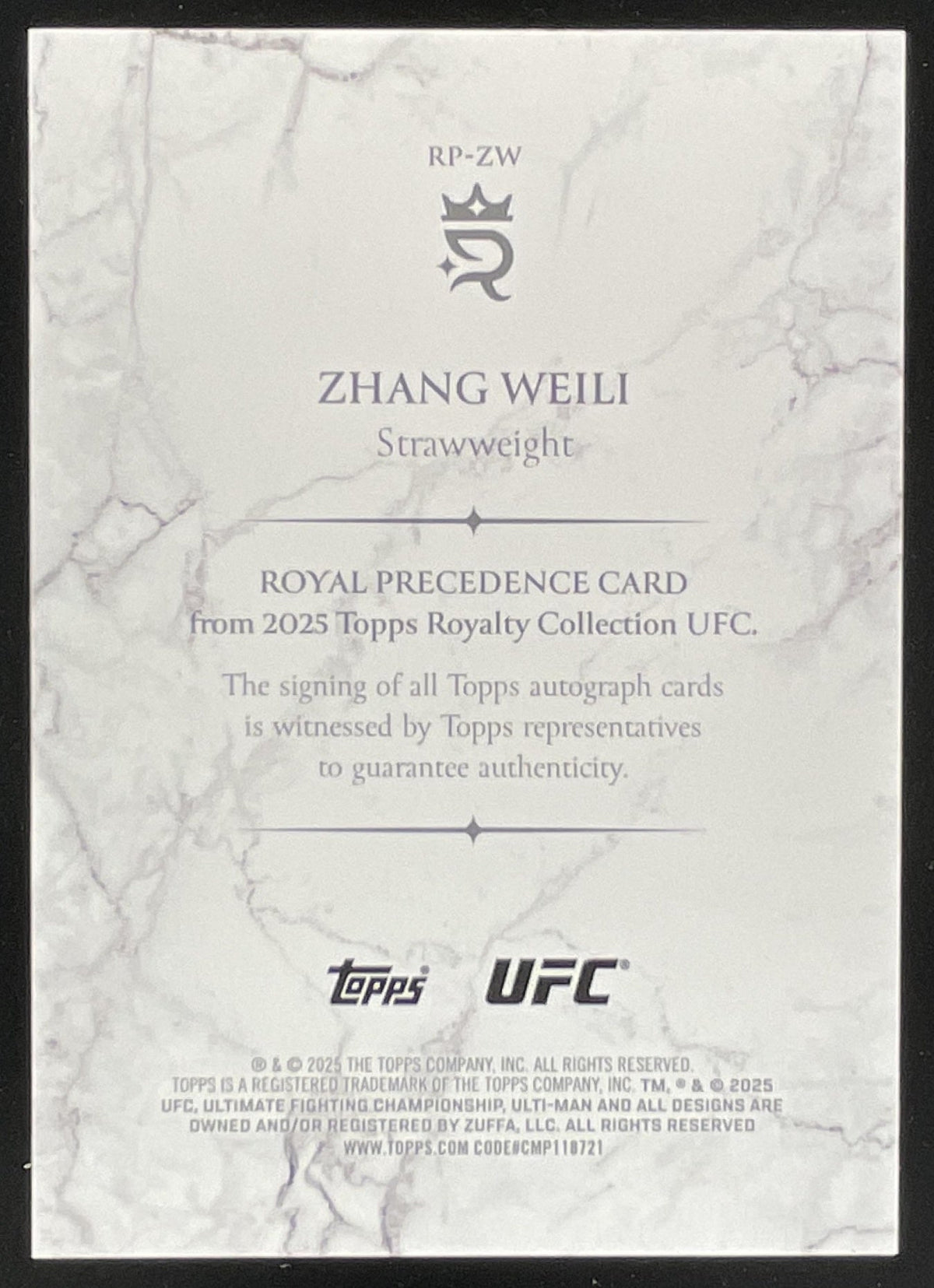 2025 Topps UFC Royalty Royal Precedence Blue #RP-ZW Zhang Weili Auto /25 product image 2, provided for visual reference and
