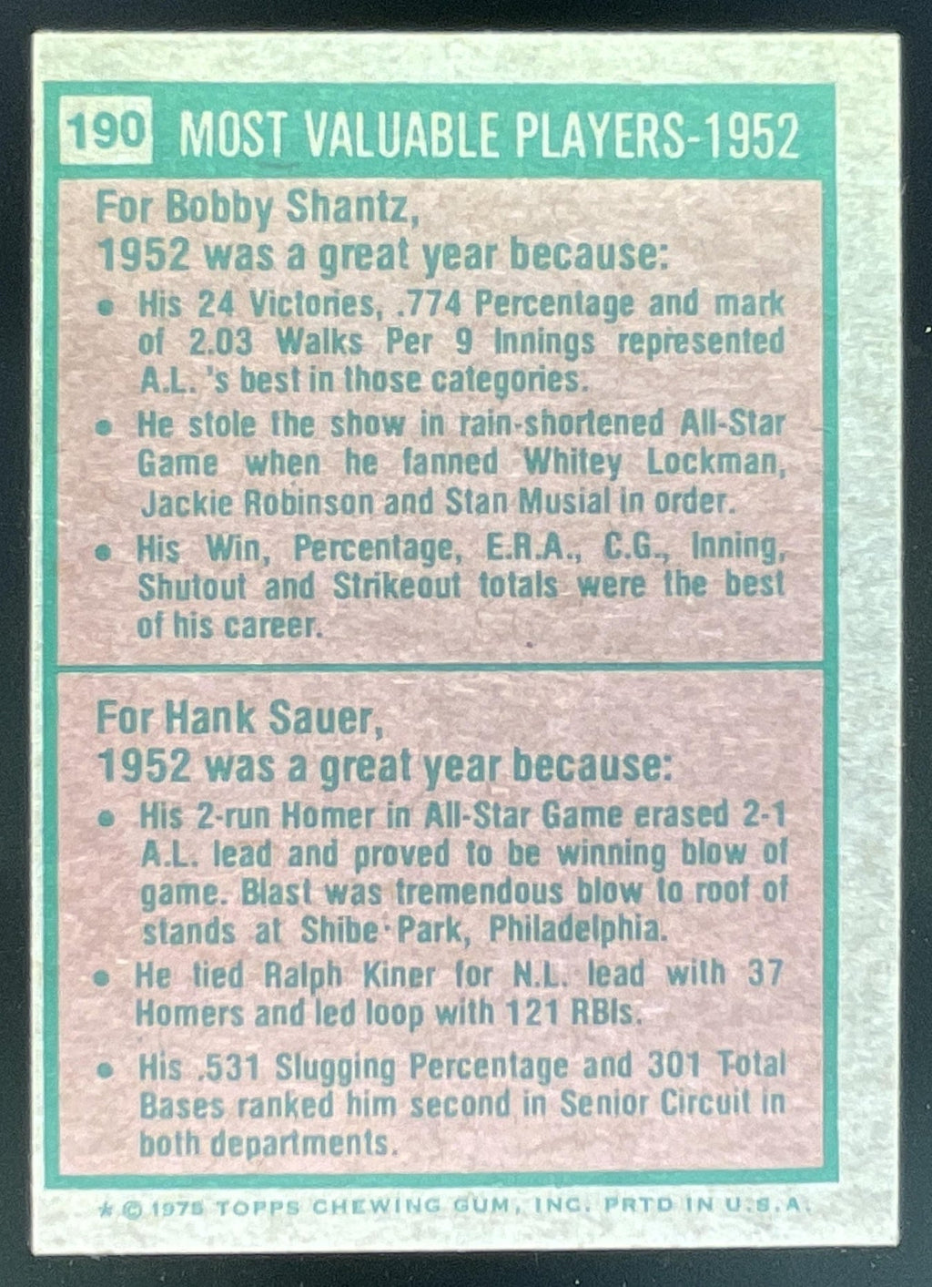 1975 Topps #190 1952s Bobby Shantz Hank Sauer MVP product image 2, provided for visual reference and product detail review