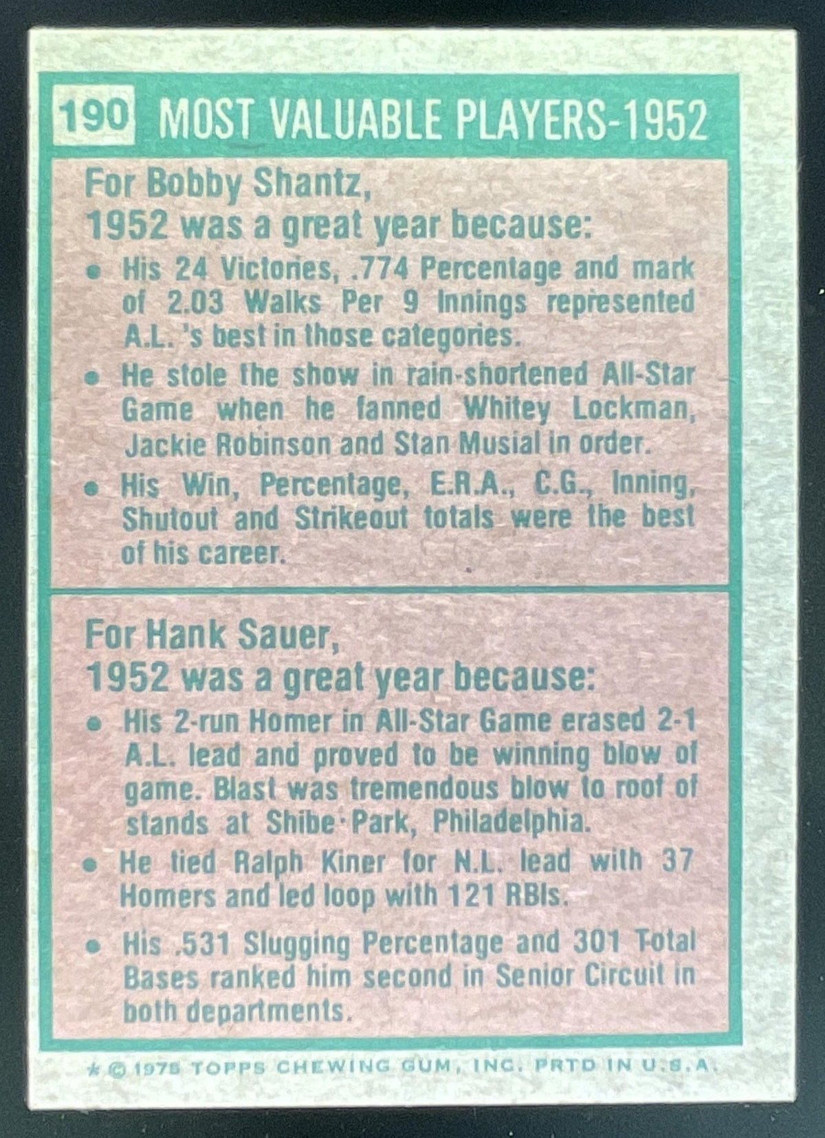 1975 Topps #190 1952s Bobby Shantz Hank Sauer MVP product image 2, provided for visual reference and product detail review