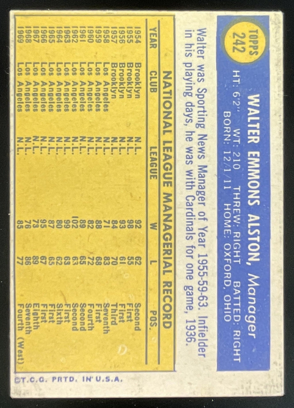 1970 Topps #242 Walter Alston product image 2, provided for visual reference and product detail review