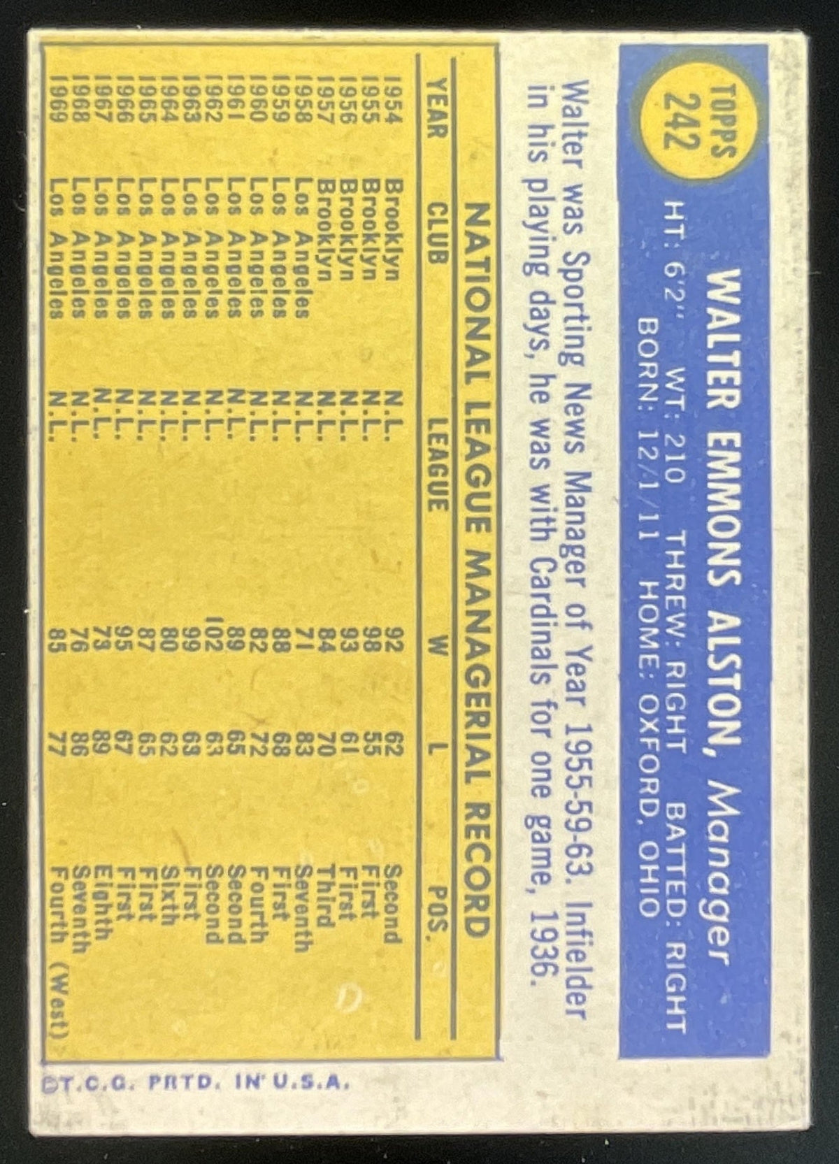 1970 Topps #242 Walter Alston product image 2, provided for visual reference and product detail review