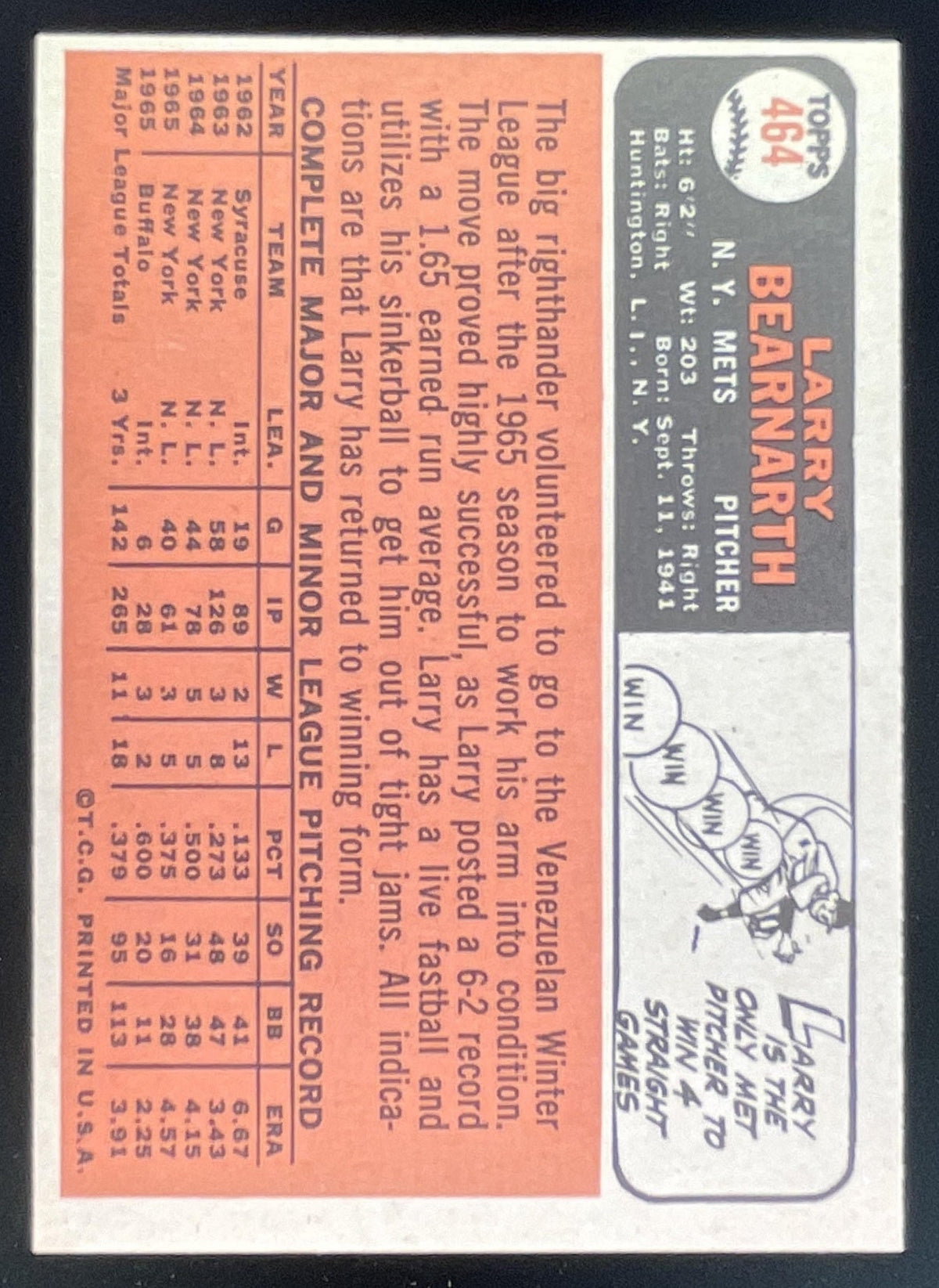 1966 Topps #464 Larry Bearnarth product image 2, provided for visual reference and product detail review