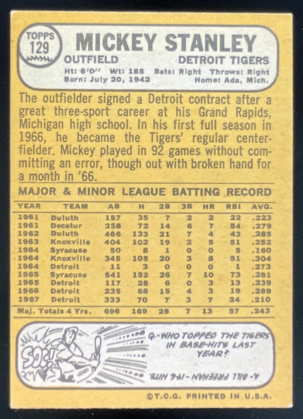 1968 Topps #129 Mickey Stanley product image 2, provided for visual reference and product detail review