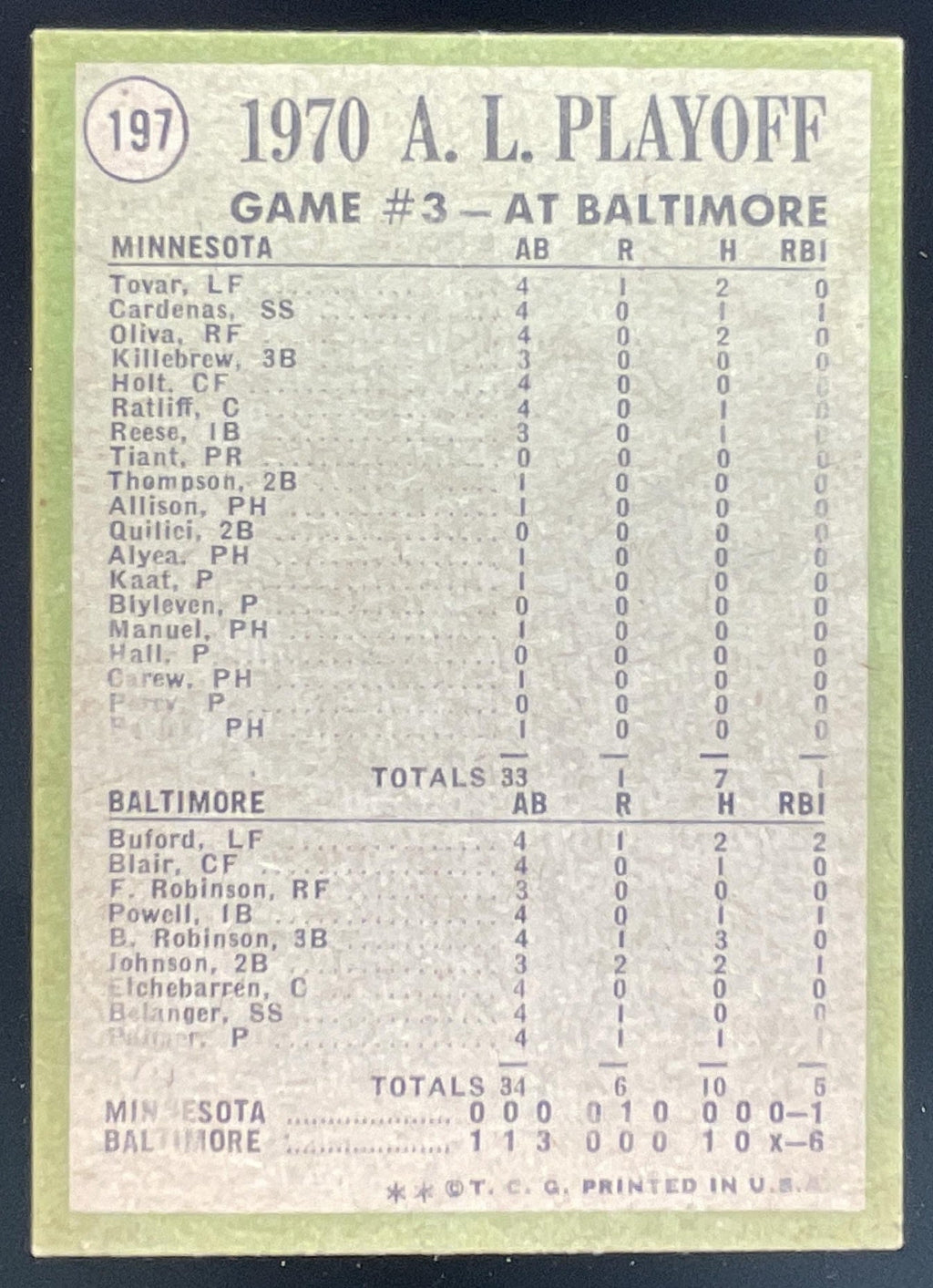 1971 Topps #197 1970 A.L. Playoffs Game 3: Palmer Mows Em Down! AL product image 2, provided for visual reference and