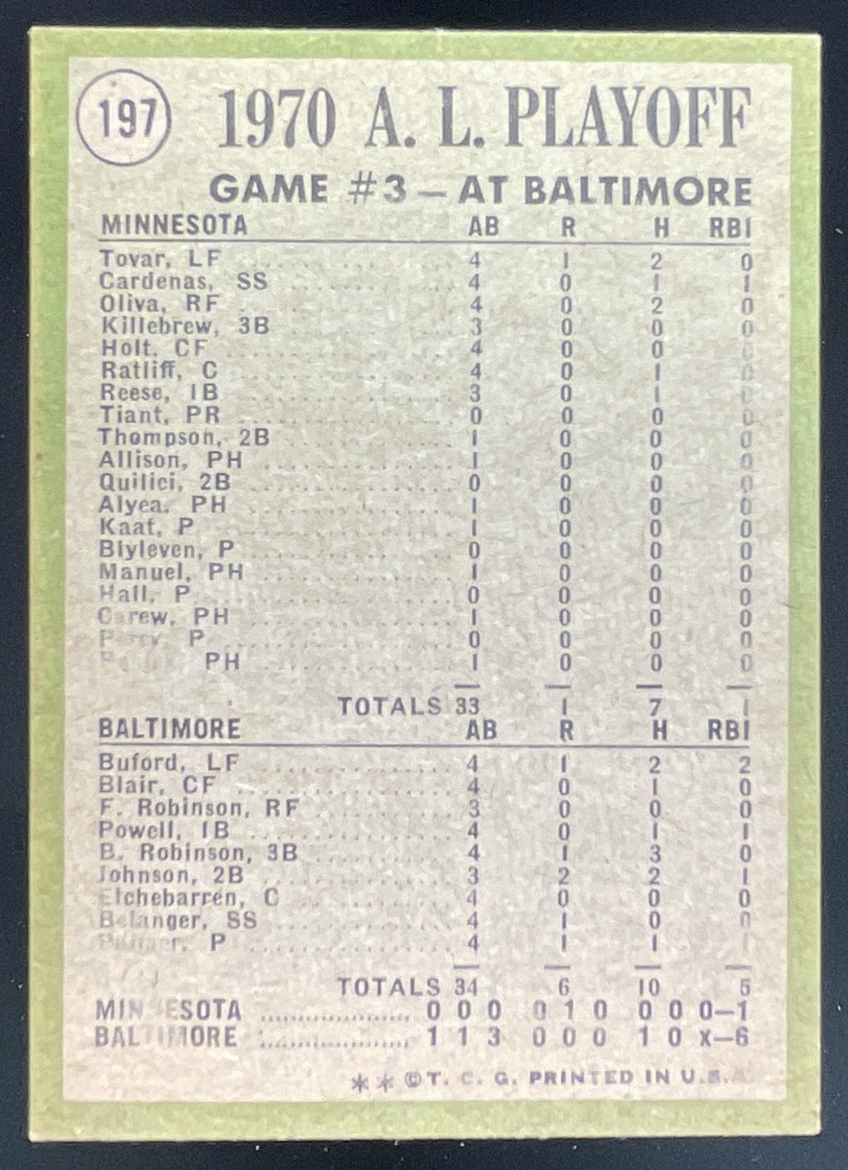 1971 Topps #197 1970 A.L. Playoffs Game 3: Palmer Mows Em Down! AL product image 2, provided for visual reference and