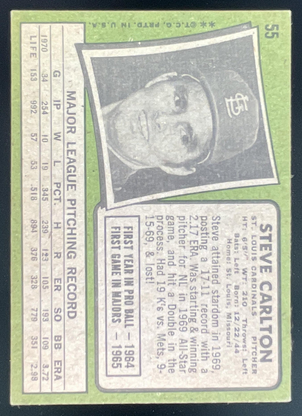 1971 Topps #55 Steve Carlton product image 2, provided for visual reference and product detail review