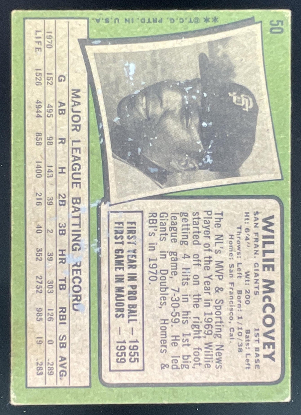 1971 Topps #50 Willie McCovey product image 2, provided for visual reference and product detail review