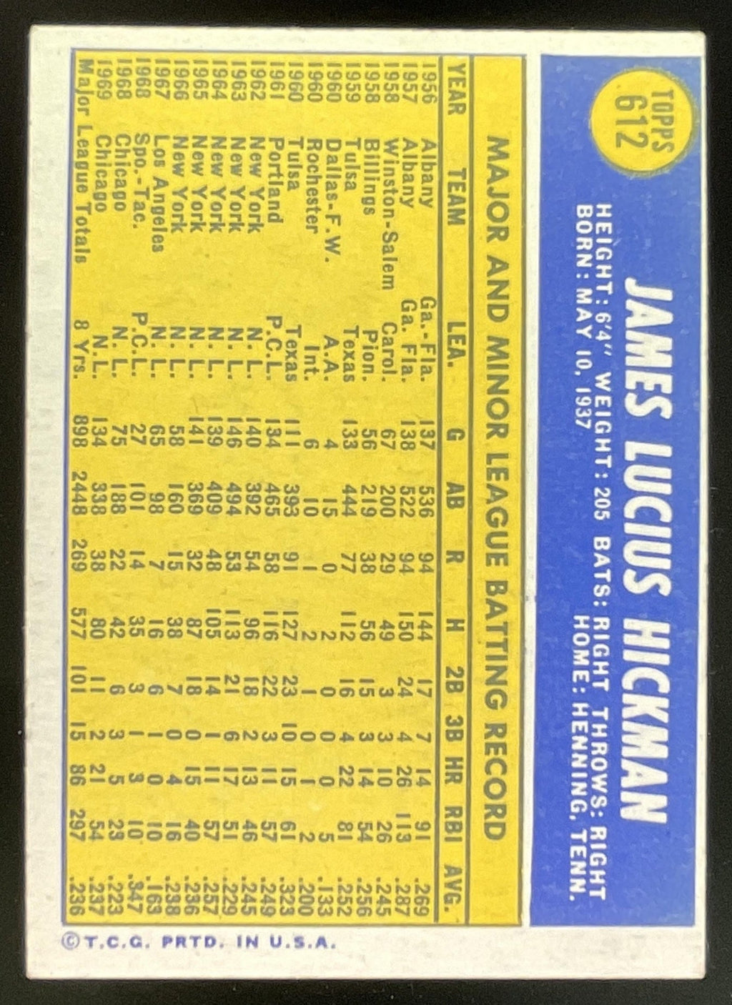 1970 Topps #612 Jim Hickman product image 2, provided for visual reference and product detail review