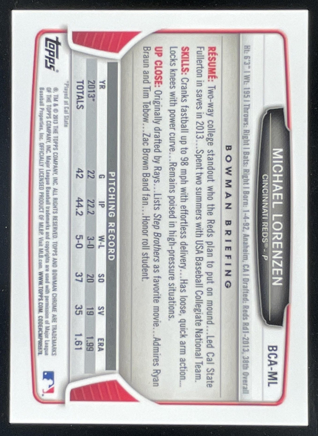 2013 Bowman Draft Picks & Prospects Chrome Pick #BCA-ML Michael Lorenzen Auto product image 2, provided for visual reference