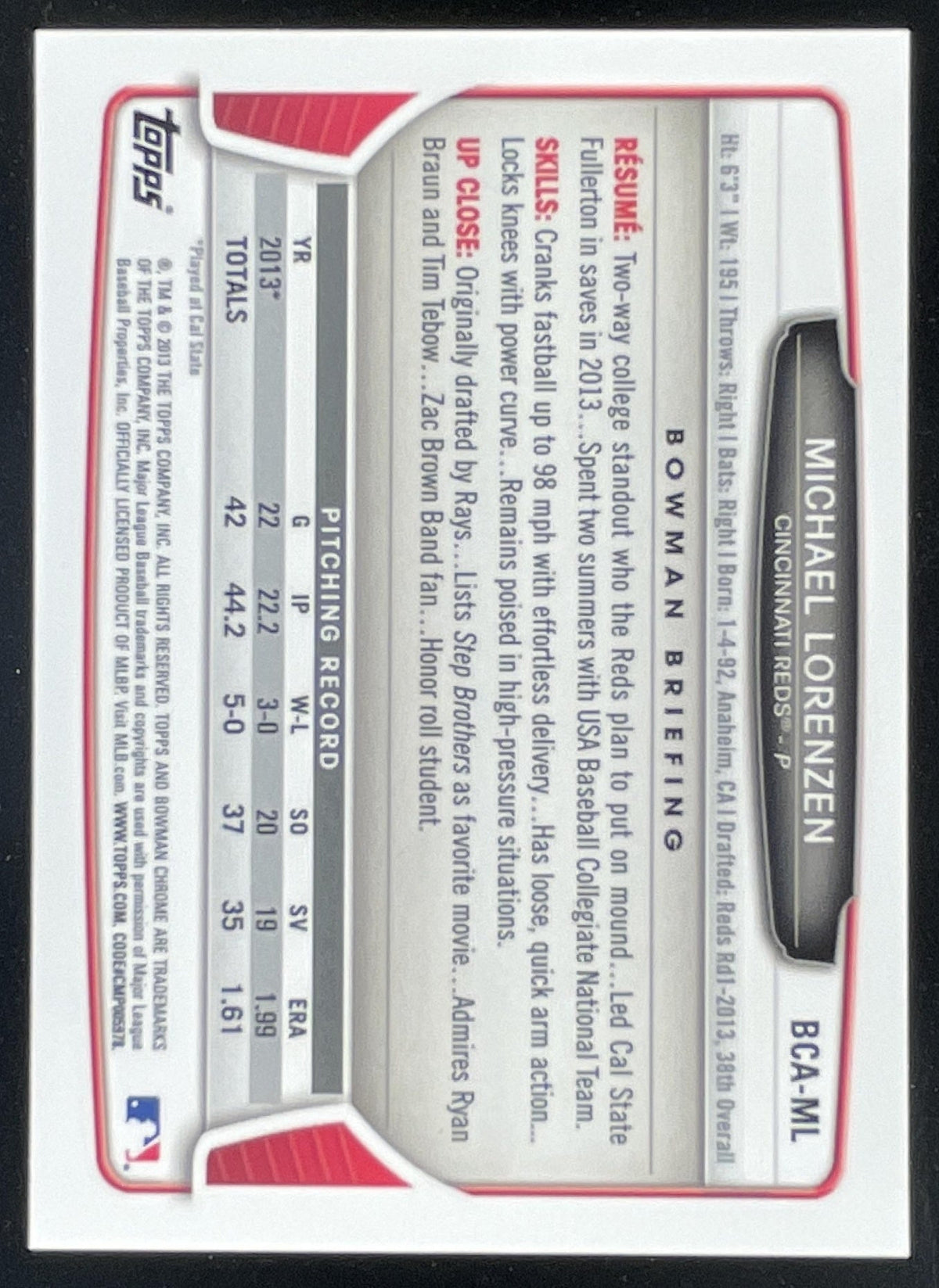 2013 Bowman Draft Picks & Prospects Chrome Pick #BCA-ML Michael Lorenzen Auto product image 2, provided for visual reference