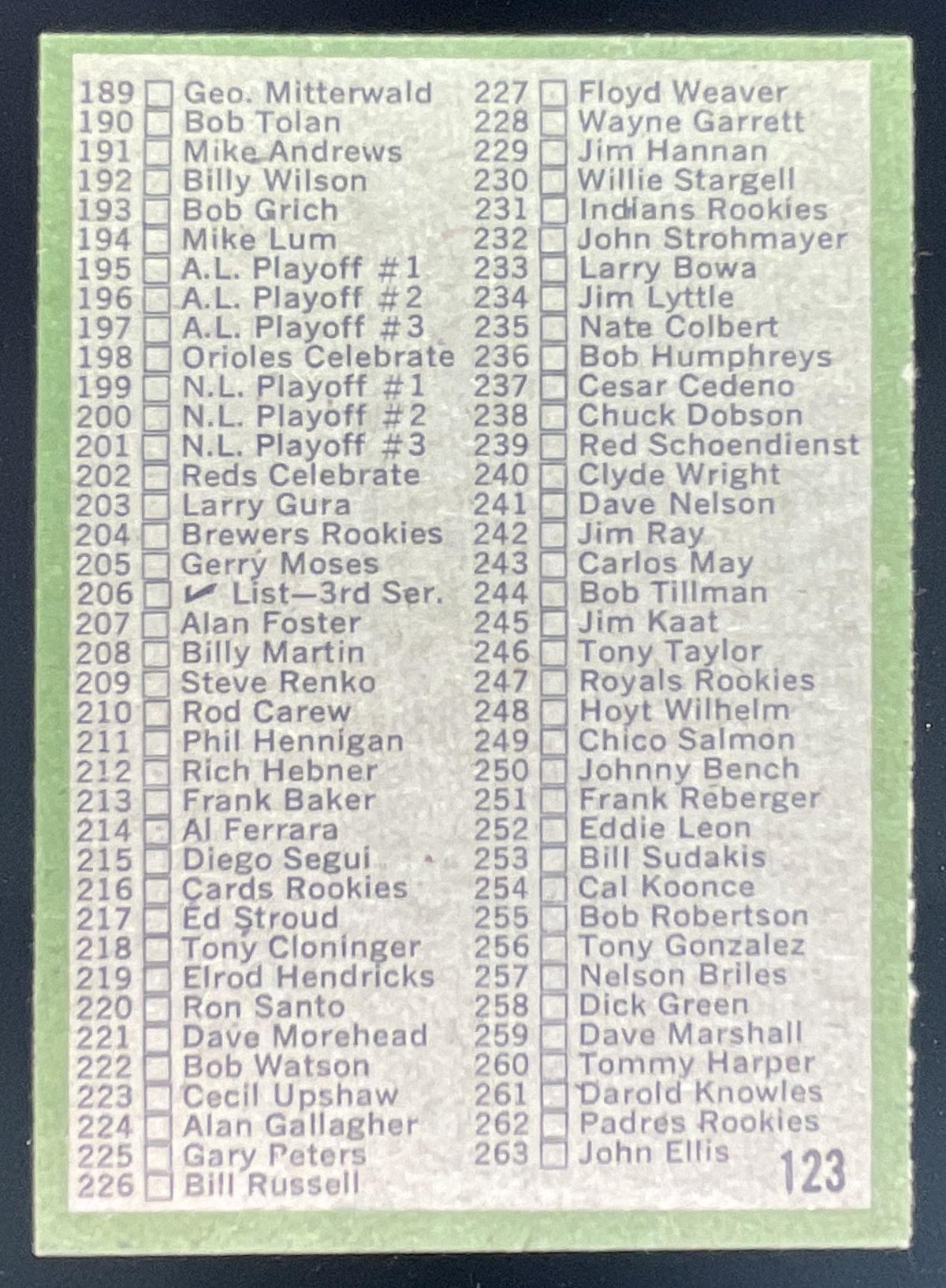 1971 Topps #123a Checklist: 133-263 VAR product image 2, provided for visual reference and product detail review