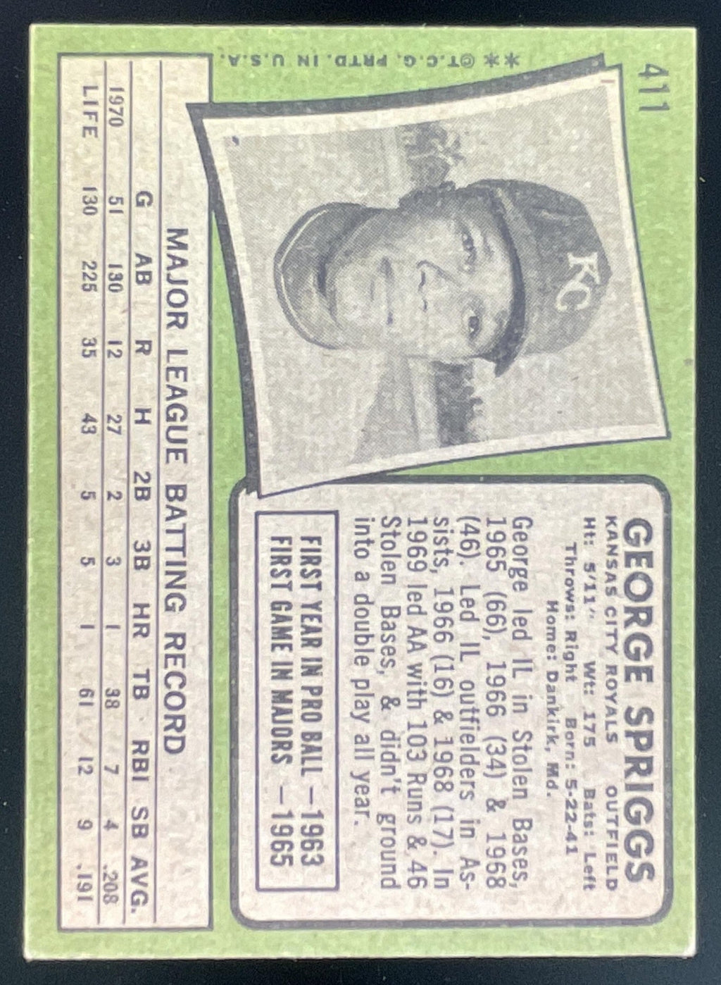 1971 Topps #411 George Spriggs product image 2, provided for visual reference and product detail review