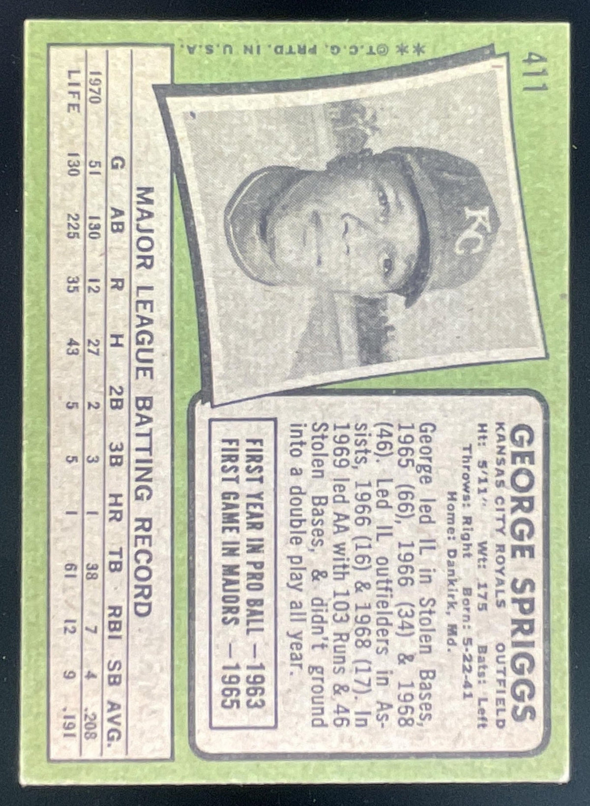 1971 Topps #411 George Spriggs product image 2, provided for visual reference and product detail review