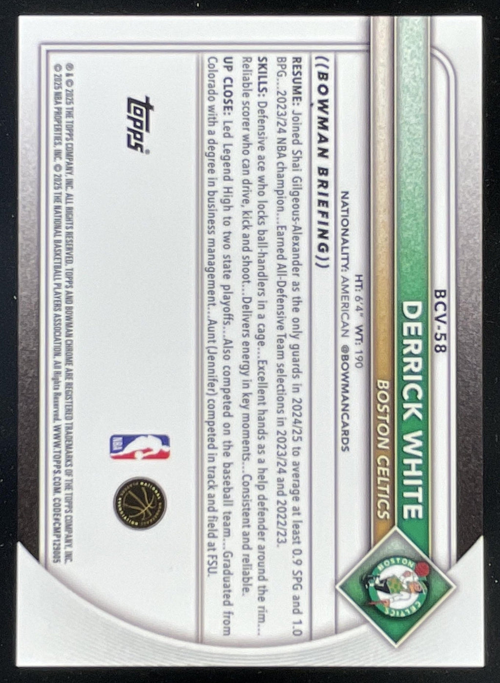 2025-26 Bowman Chrome Reptilian Gold Refractor #BCV-58 Derrick White /50 product image 2, provided for visual reference and