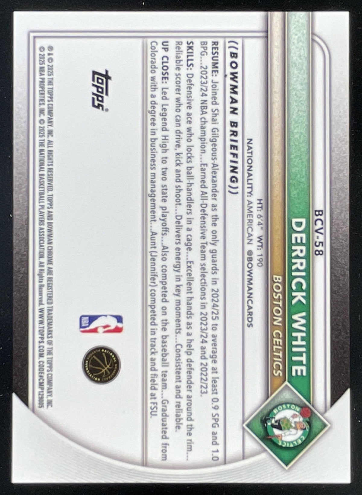 2025-26 Bowman Chrome Reptilian Gold Refractor #BCV-58 Derrick White /50 product image 2, provided for visual reference and