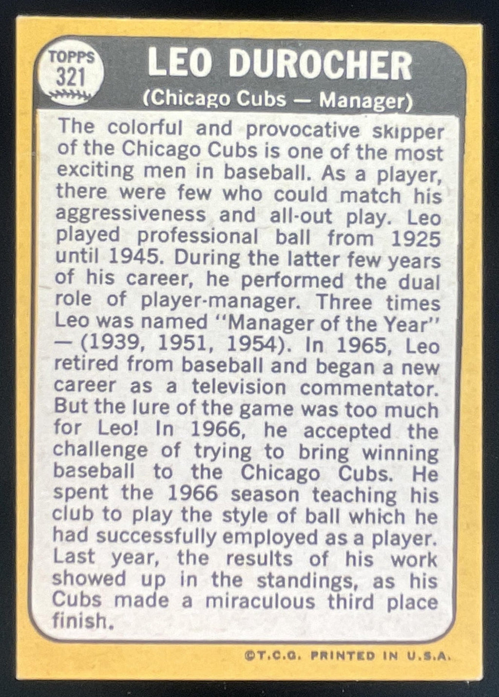 1968 Topps #321 Leo Durocher product image 2, provided for visual reference and product detail review