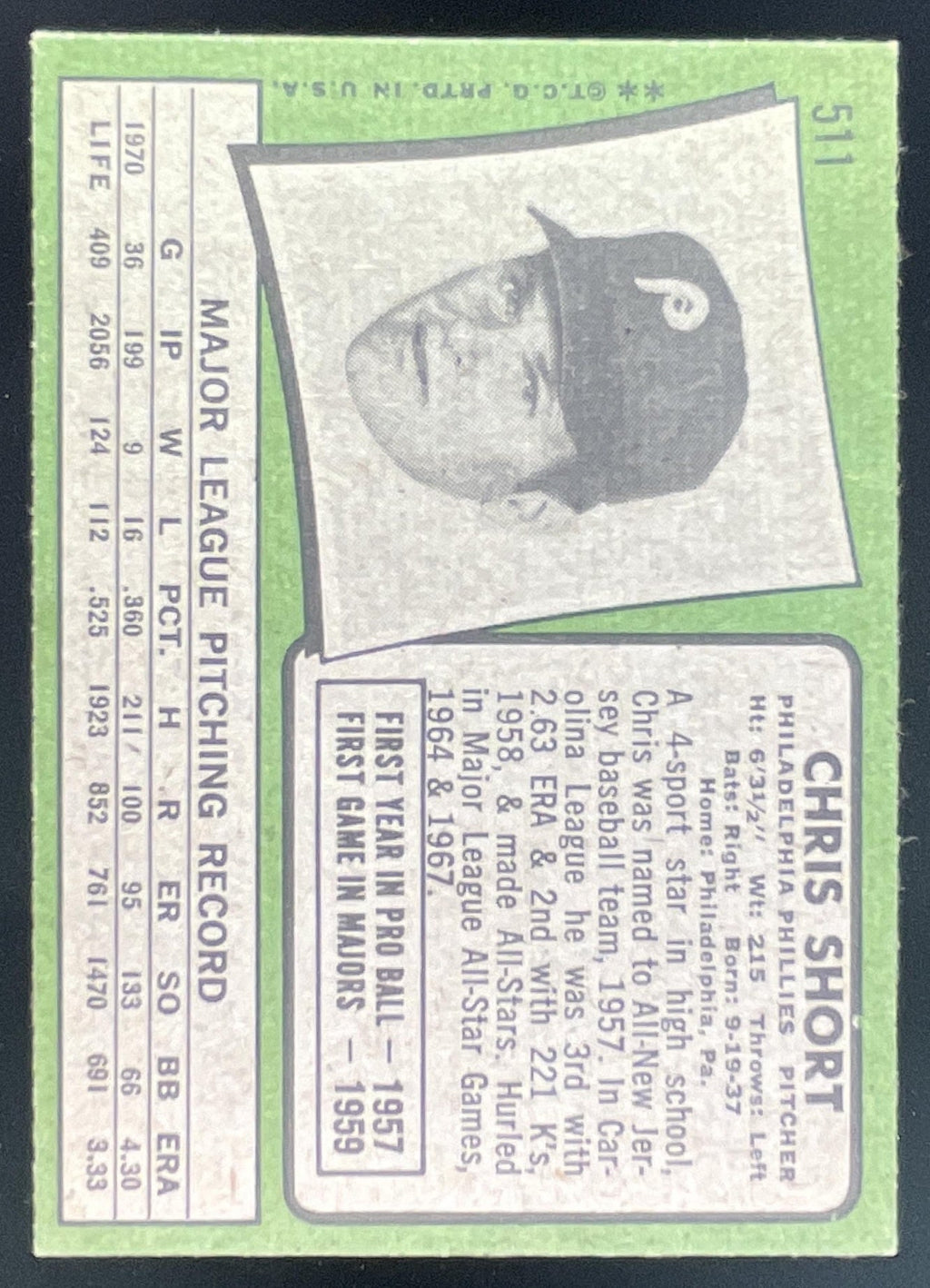 1971 Topps #511 Chris Short product image 2, provided for visual reference and product detail review