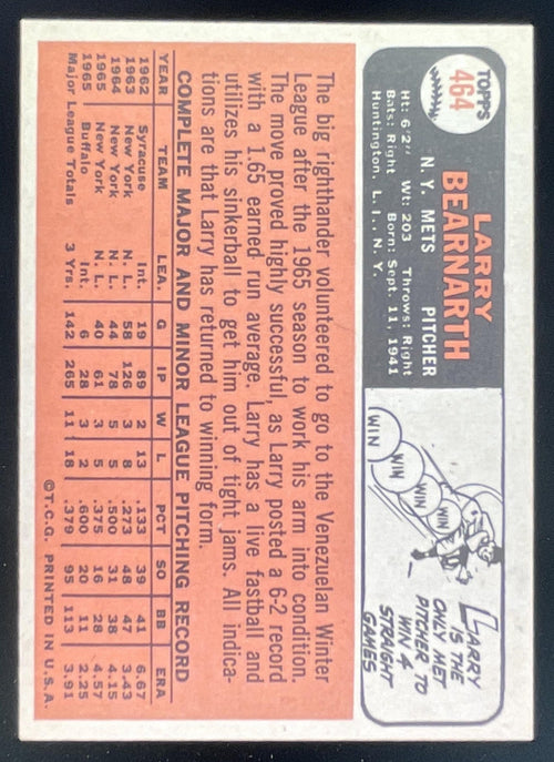 1966 Topps #464 Larry Bearnarth product image 2, provided for visual reference and product detail review