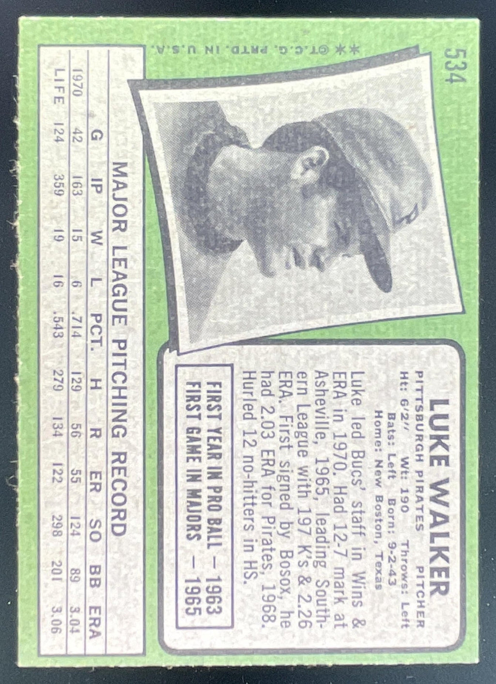1971 Topps #534 Luke Walker product image 2, provided for visual reference and product detail review