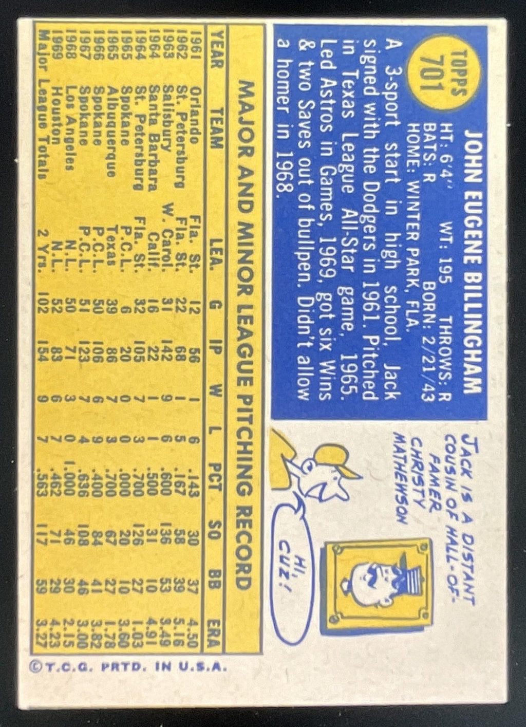 1970 Topps #701 Jack Billingham product image 2, provided for visual reference and product detail review
