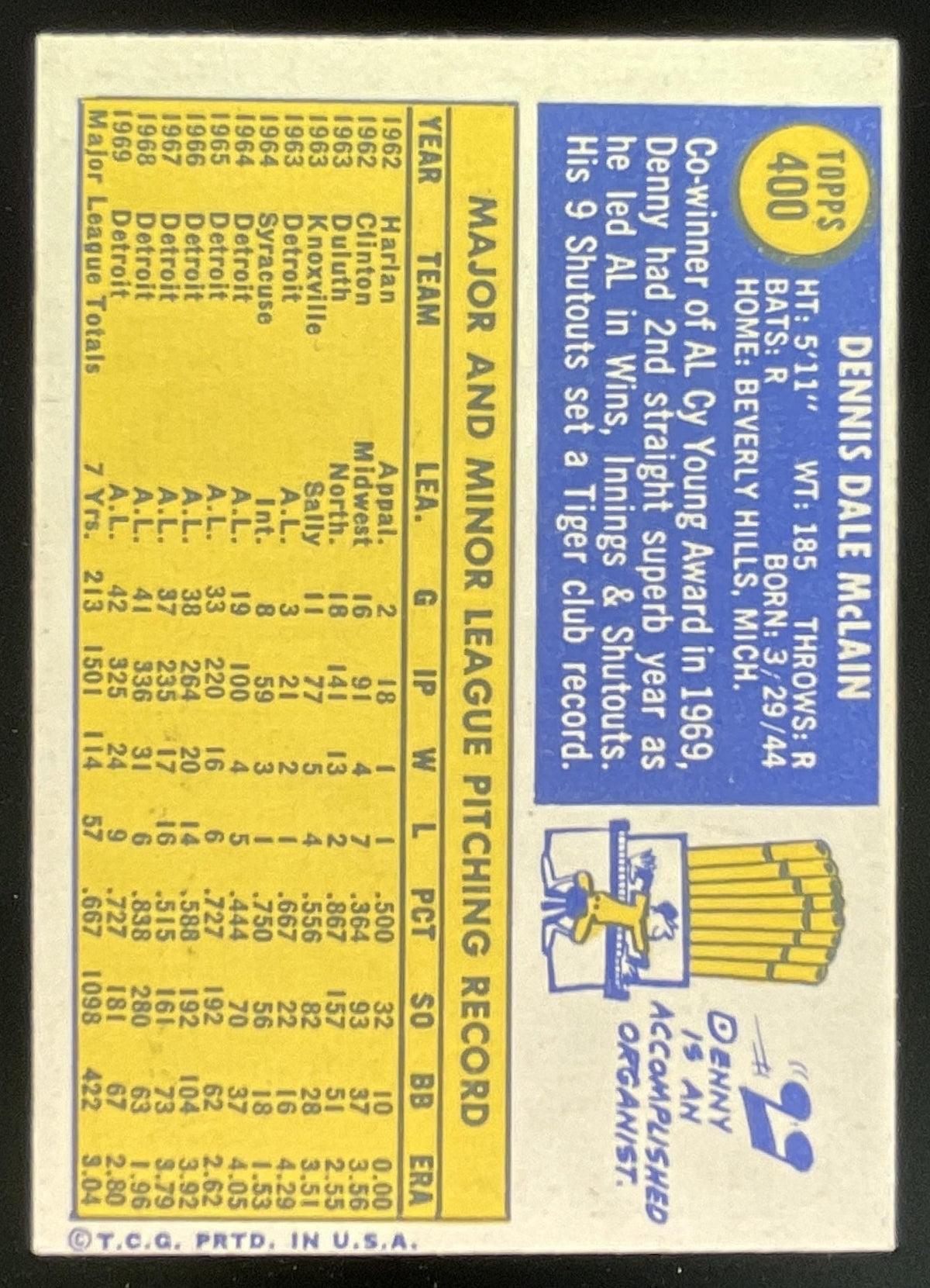1970 Topps #400 Denny McLain product image 2, provided for visual reference and product detail review