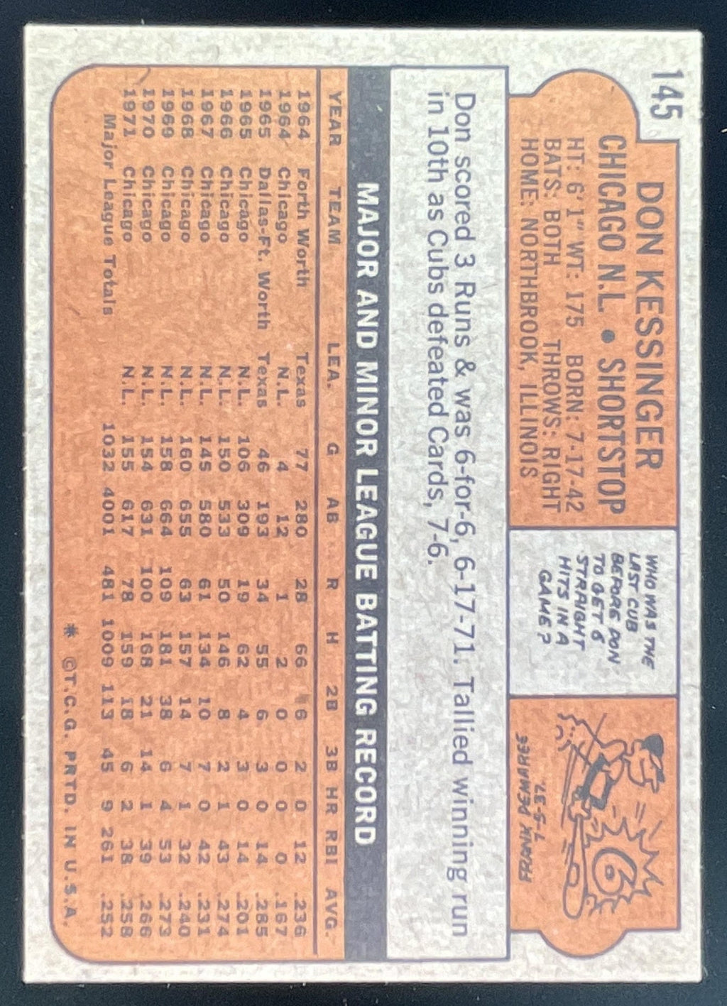 1972 Topps #145 Don Kessinger product image 2, provided for visual reference and product detail review
