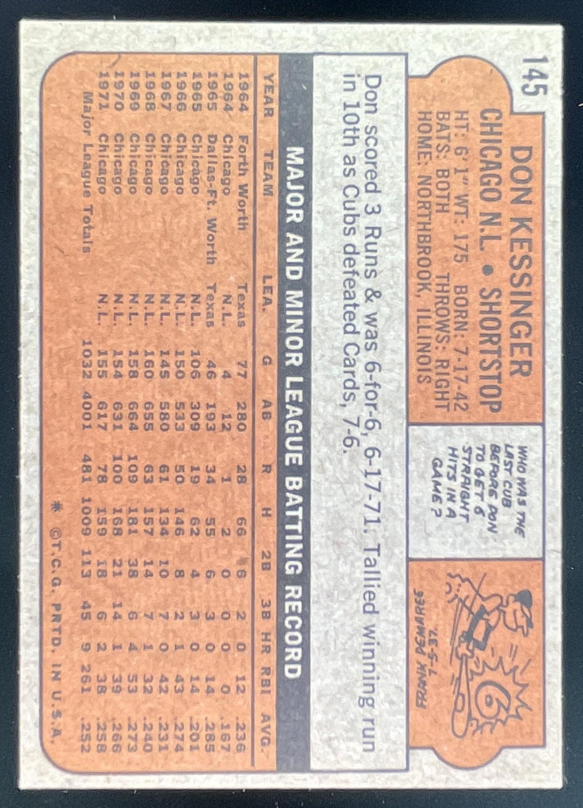 1972 Topps #145 Don Kessinger product image 2, provided for visual reference and product detail review