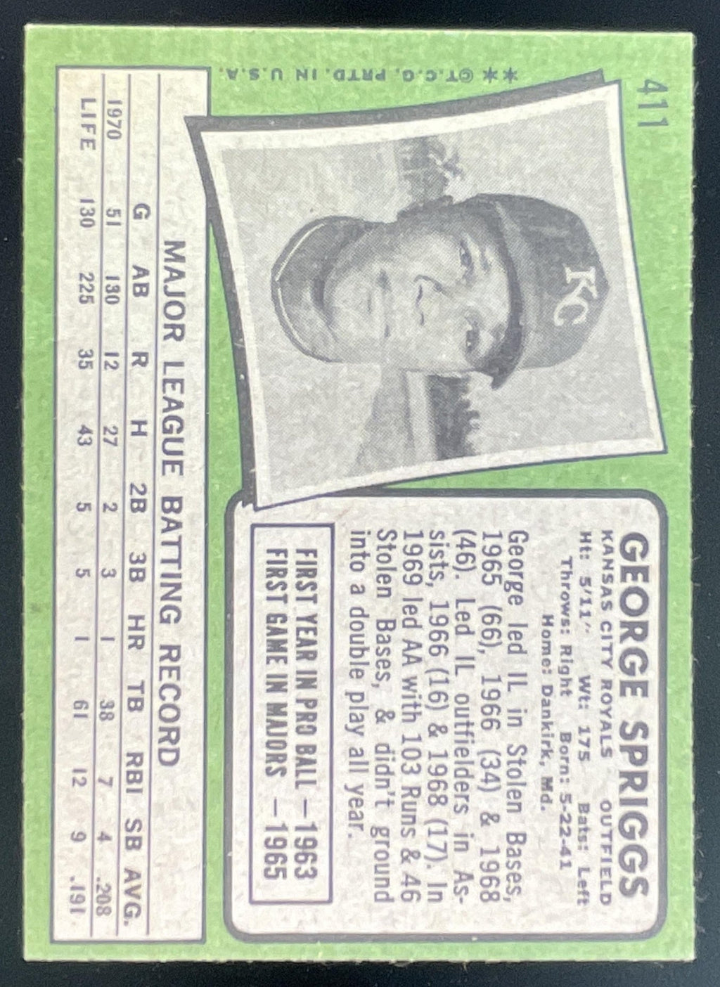 1971 Topps #411 George Spriggs product image 2, provided for visual reference and product detail review