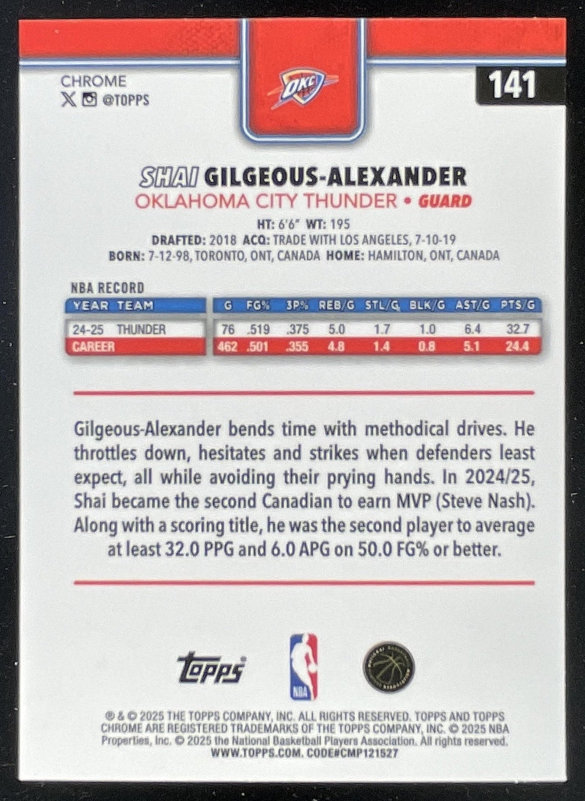 2025-26 Topps Chrome #141 Shai Gilgeous-Alexander product image 2, provided for visual reference and product detail review