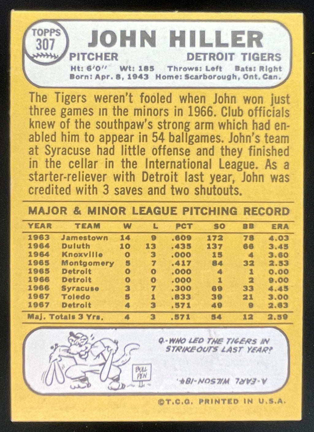 1968 Topps #307 John Hiller product image 2, provided for visual reference and product detail review