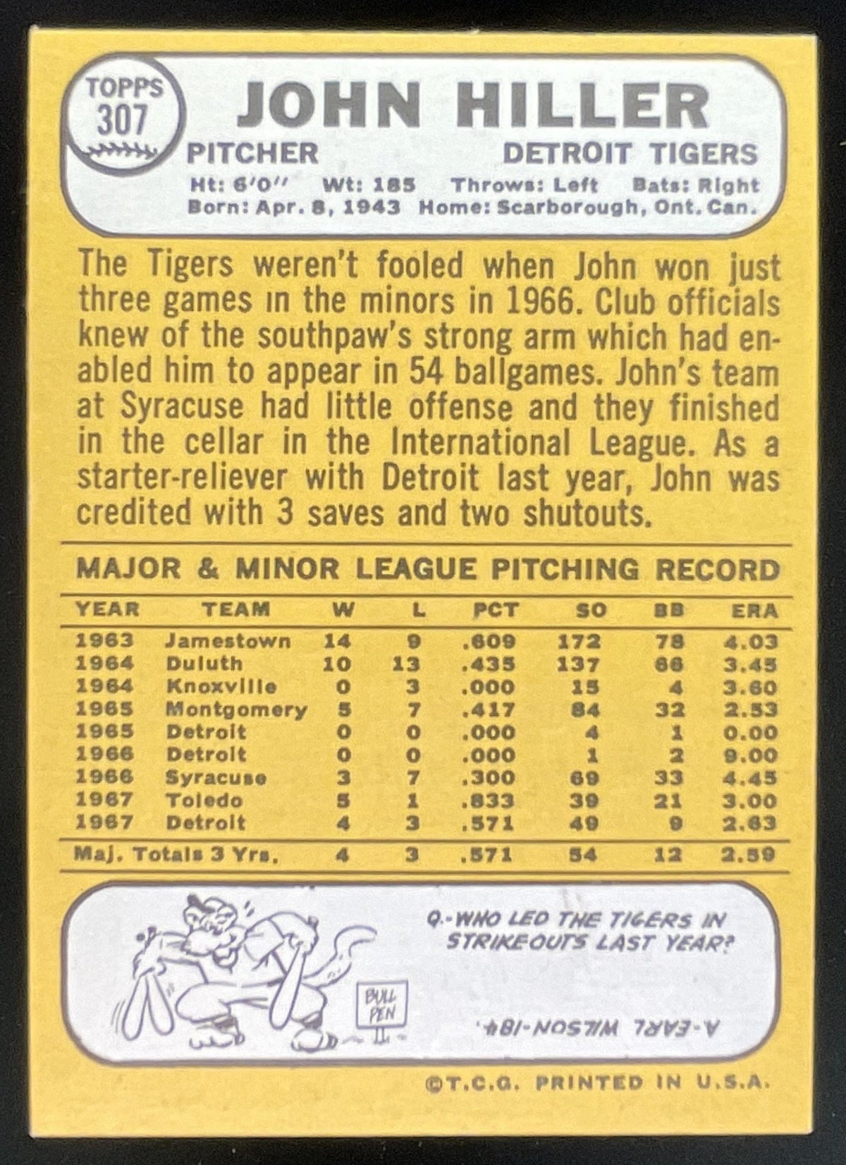 1968 Topps #307 John Hiller product image 2, provided for visual reference and product detail review