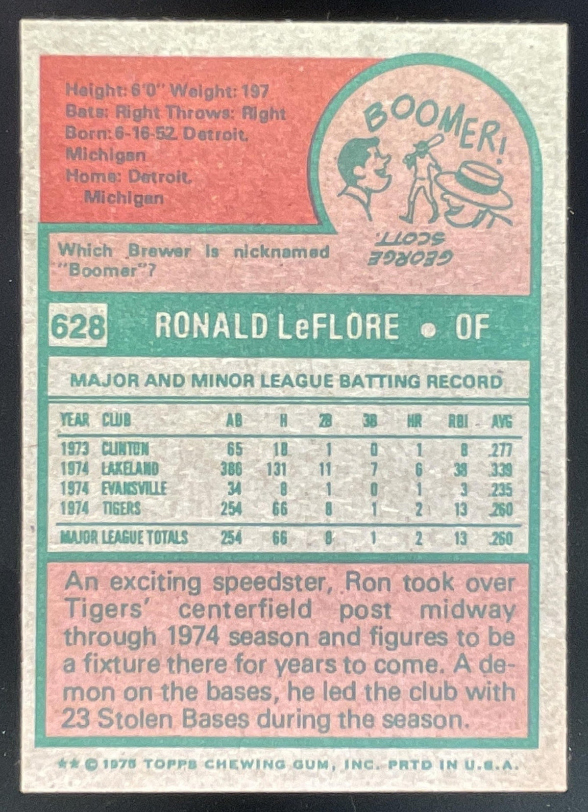 1975 Topps #628 Ron LeFlore RC product image 2, provided for visual reference and product detail review