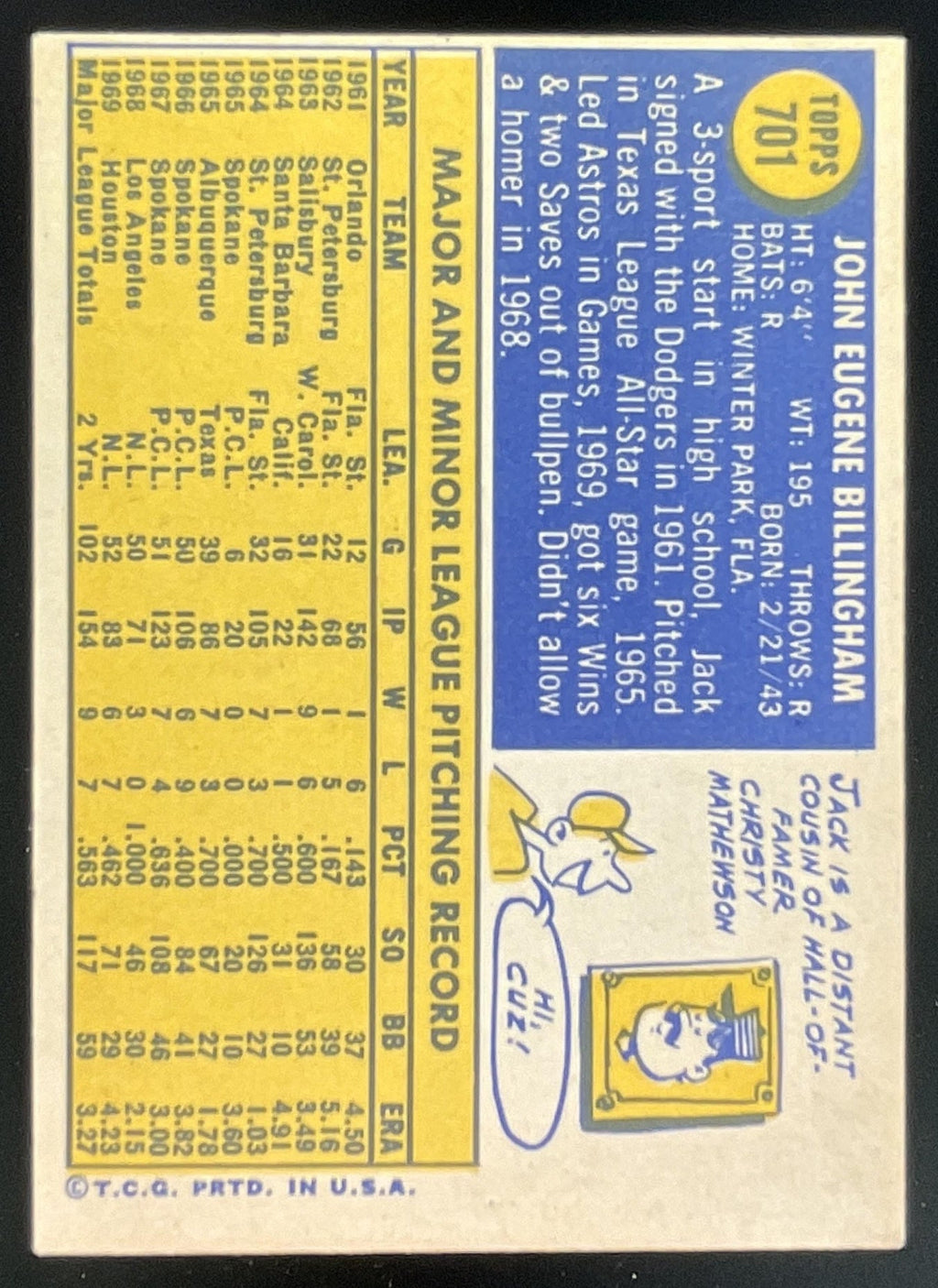 1970 Topps #701 Jack Billingham product image 2, provided for visual reference and product detail review