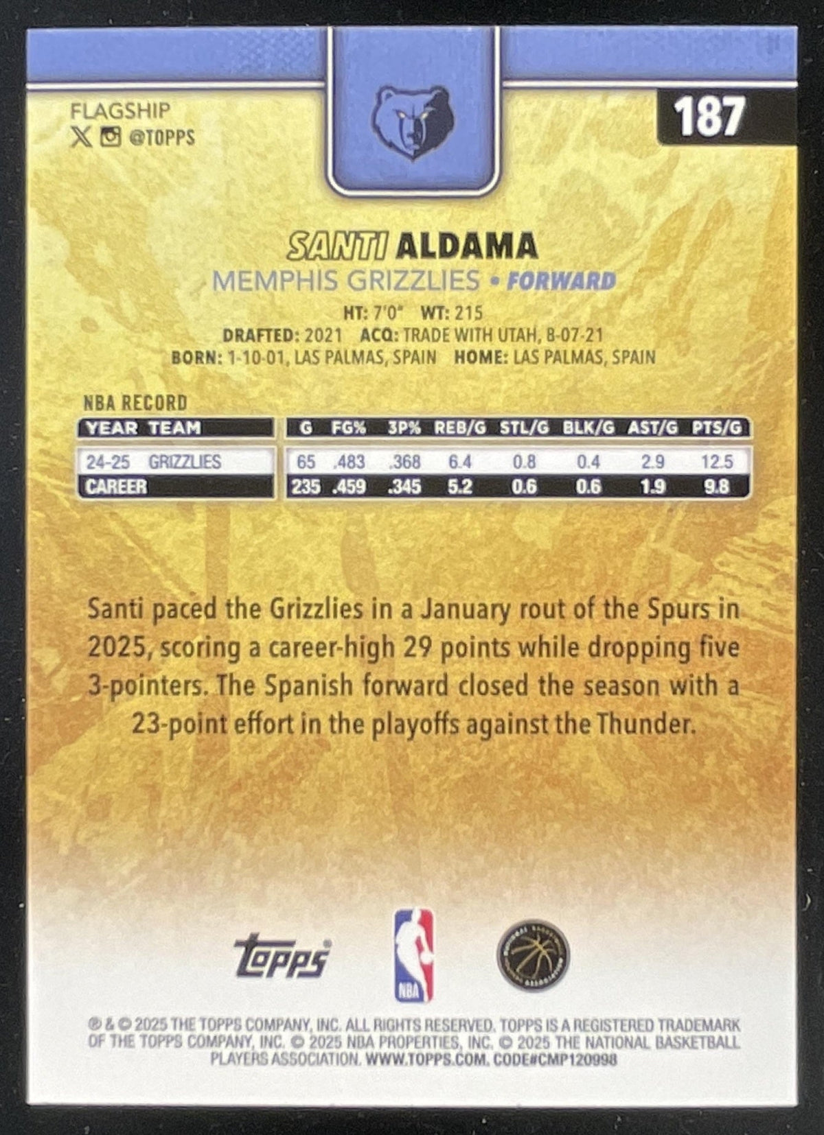 2025-26 Topps Golden Mirror Image Variation SSP #187 Santi Aldama product image 2, provided for visual reference and product