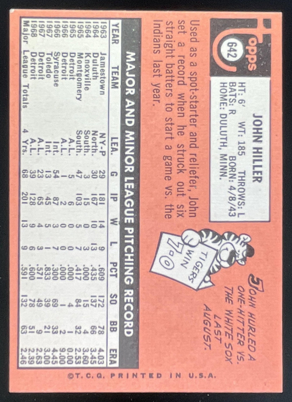 1969 Topps #642 John Hiller product image 2, provided for visual reference and product detail review