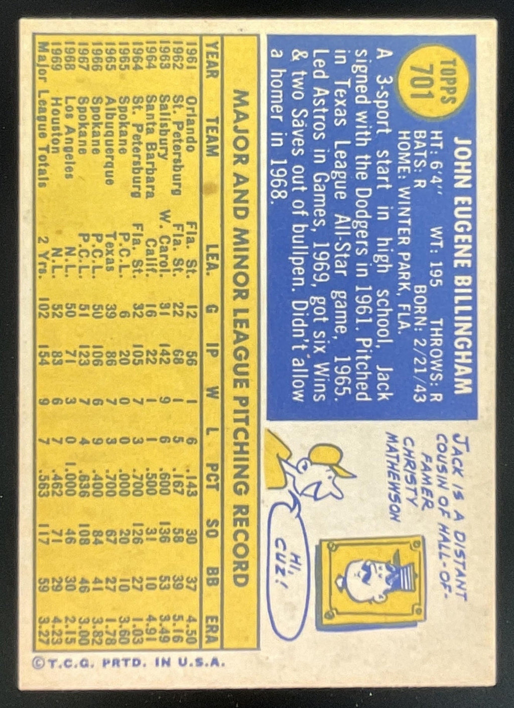 1970 Topps #701 Jack Billingham product image 2, provided for visual reference and product detail review