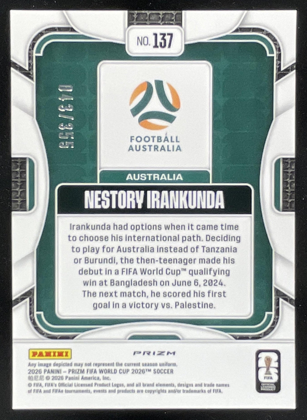 2026 Panini Prizm World Cup Purple Disco Prizm #137 Nestory Irankunda RC /355 product image 2, provided for visual reference